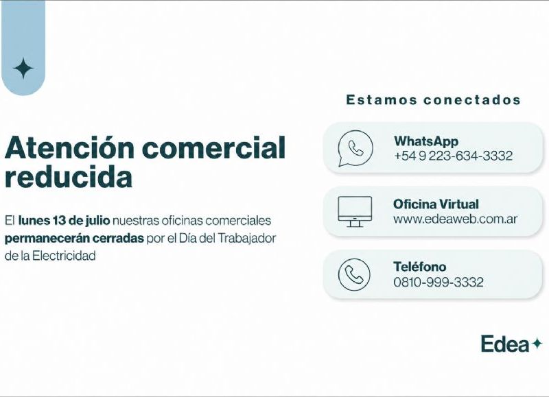 EDEA tendrá atención comercial presencial el próximo lunes 13 de julio